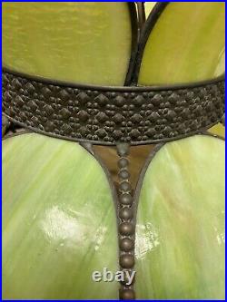 Vtg GREEN STAINED SLAG GLASS HANGING Lamp Tiffany Style Light Chandelier