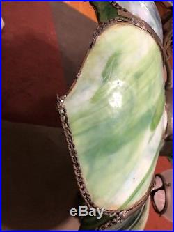 Vtg Green Marbled Bent Slag Glass Hanging Pendant Lamp/ Light 2 Gas Shades