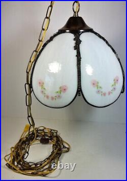 Vtg Hanging Lamp Slag Glass Panels with Flowers Swag Light Rewired 12' Chain