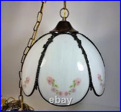 Vtg Hanging Lamp Slag Glass Panels with Flowers Swag Light Rewired 12' Chain