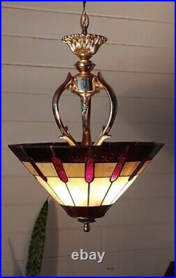 Vtg Hanging Slag glass Pendant Stained Glass Lamp Highly polished Brass