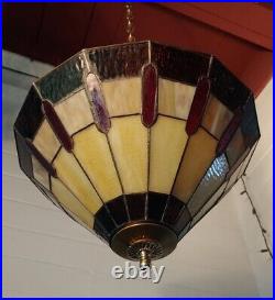 Vtg Hanging Slag glass Pendant Stained Glass Lamp Highly polished Brass