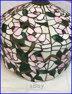 Vtg Large Tiffany Style Stained Glass Lamp Shade Leaded Slag Wh/Gr/ Pink Flowers