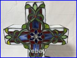 Vtg Leaded Stained Slag Glass Cross Crucifix Table Lamp Light Religious 16 in