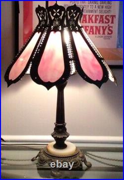 Vtg Loevsky & Loevsky L&L WMC Pink Slag Glass Brass Victorian Gothic Table Lamp
