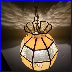 Vtg MCM Hanging Slag Swag Plugg In Lamp Light Butterscotch Stained Glass Tiffany