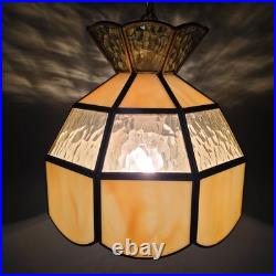 Vtg MCM Hanging Slag Swag Plugg In Lamp Light Butterscotch Stained Glass Tiffany