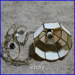 Vtg MCM Hanging Slag Swag Plugg In Lamp Light Butterscotch Stained Glass Tiffany