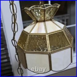 Vtg MCM Hanging Slag Swag Plugg In Lamp Light Butterscotch Stained Glass Tiffany