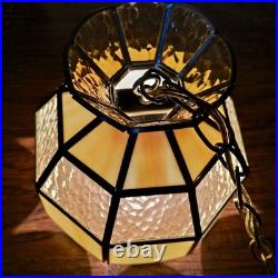 Vtg MCM Hanging Slag Swag Plugg In Lamp Light Butterscotch Stained Glass Tiffany