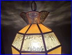 Vtg MCM Hanging Slag Swag Plugg In Lamp Light Butterscotch Stained Glass Tiffany