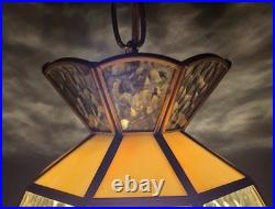 Vtg MCM Hanging Slag Swag Plugg In Lamp Light Butterscotch Stained Glass Tiffany