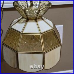 Vtg MCM Hanging Slag Swag Plugg In Lamp Light Butterscotch Stained Glass Tiffany