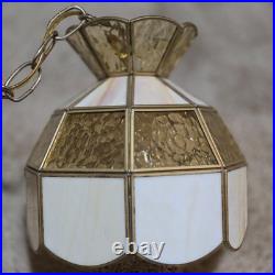 Vtg MCM Hanging Slag Swag Plugg In Lamp Light Butterscotch Stained Glass Tiffany