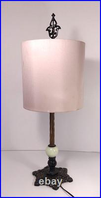 Vtg Milcast Art Deco Uranium Slag Glass Spacer Orb Cast Iron Table Lamp with Shade