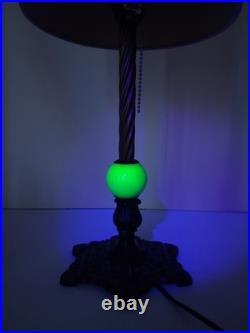 Vtg Milcast Art Deco Uranium Slag Glass Spacer Orb Cast Iron Table Lamp with Shade