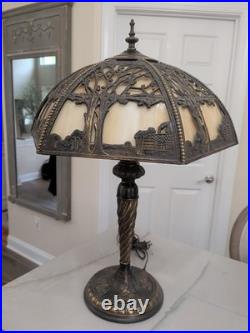 Vtg Miller School Bronze Slag Glass Table Lamp Light Tiffany Style