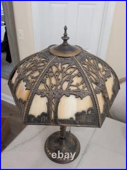 Vtg Miller School Bronze Slag Glass Table Lamp Light Tiffany Style