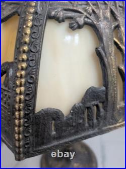 Vtg Miller School Bronze Slag Glass Table Lamp Light Tiffany Style