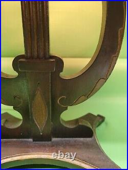Vtg Mission Art & Craft Stickley Type Harp Wood & Blue Slag Glass Table Lamp