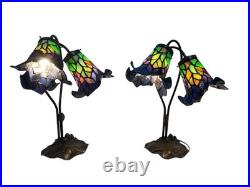 Vtg Pair Floral Slag Glass Pond Lily Tiffany Style Gooseneck 2 Light Table Lamps