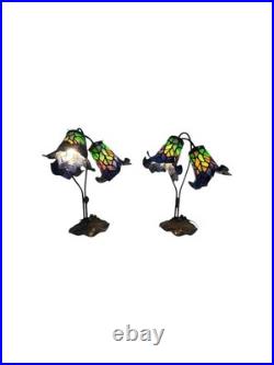 Vtg Pair Floral Slag Glass Pond Lily Tiffany Style Gooseneck 2 Light Table Lamps