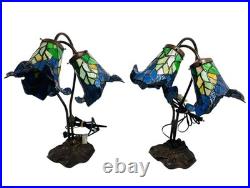 Vtg Pair Floral Slag Glass Pond Lily Tiffany Style Gooseneck 2 Light Table Lamps