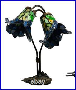 Vtg Pair Floral Slag Glass Pond Lily Tiffany Style Gooseneck 2 Light Table Lamps