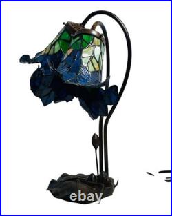 Vtg Pair Floral Slag Glass Pond Lily Tiffany Style Gooseneck 2 Light Table Lamps
