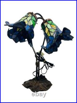 Vtg Pair Floral Slag Glass Pond Lily Tiffany Style Gooseneck 2 Light Table Lamps