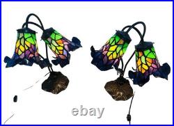Vtg Pair Floral Slag Glass Pond Lily Tiffany Style Gooseneck 2 Light Table Lamps