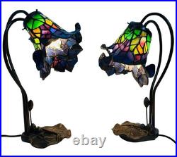Vtg Pair Floral Slag Glass Pond Lily Tiffany Style Gooseneck 2 Light Table Lamps