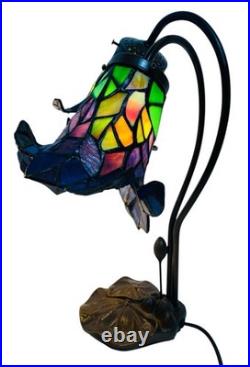 Vtg Pair Floral Slag Glass Pond Lily Tiffany Style Gooseneck 2 Light Table Lamps