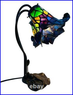 Vtg Pair Floral Slag Glass Pond Lily Tiffany Style Gooseneck 2 Light Table Lamps
