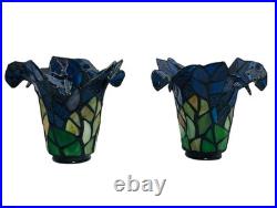 Vtg Pair Floral Slag Glass Pond Lily Tiffany Style Gooseneck 2 Light Table Lamps