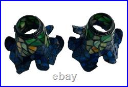 Vtg Pair Floral Slag Glass Pond Lily Tiffany Style Gooseneck 2 Light Table Lamps