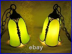 Vtg Pair of Green Slag Glass Hanging Pendants Tulip Swag Lights Art Nouveau Lamp