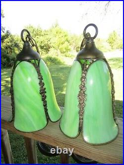 Vtg Pair of Green Slag Glass Hanging Pendants Tulip Swag Lights Art Nouveau Lamp
