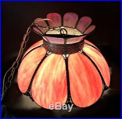 Vtg STAINED SLAG GLASS HANGING Lamp Tiffany Style Chandelier-Plugin Pink/Lavenda
