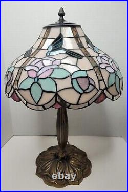 Vtg Signed Tiffany Table Lamp Stained Glass Hummingbird Cabbage Rose Slag 24x16