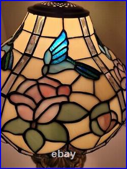 Vtg Signed Tiffany Table Lamp Stained Glass Hummingbird Cabbage Rose Slag 24x16