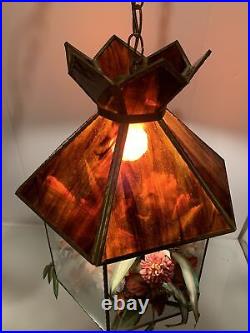 Vtg Stained Slag Glass Hanging Terrarium Swag Grow Lamp Light Planter MCM 1970s