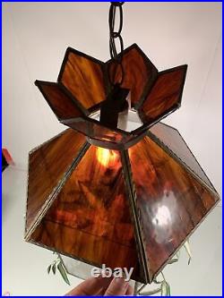 Vtg Stained Slag Glass Hanging Terrarium Swag Grow Lamp Light Planter MCM 1970s