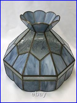 Vtg Stained Slag Glass Lamp Shade Light Blue Etched Clear Leaf 15 Floor / Table
