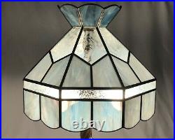 Vtg Stained Slag Glass Lamp Shade Light Blue Etched Clear Leaf 15 Floor / Table