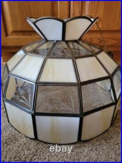 Vtg Stained Slag Glass Swag Lamp Light Tiffany-Style White Beige Leaf Designs