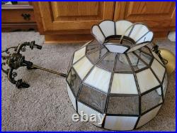 Vtg Stained Slag Glass Swag Lamp Light Tiffany-Style White Beige Leaf Designs