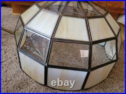 Vtg Stained Slag Glass Swag Lamp Light Tiffany-Style White Beige Leaf Designs
