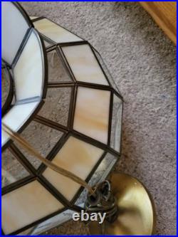 Vtg Stained Slag Glass Swag Lamp Light Tiffany-Style White Beige Leaf Designs