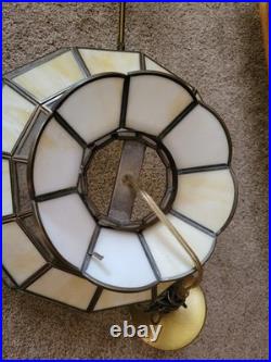 Vtg Stained Slag Glass Swag Lamp Light Tiffany-Style White Beige Leaf Designs